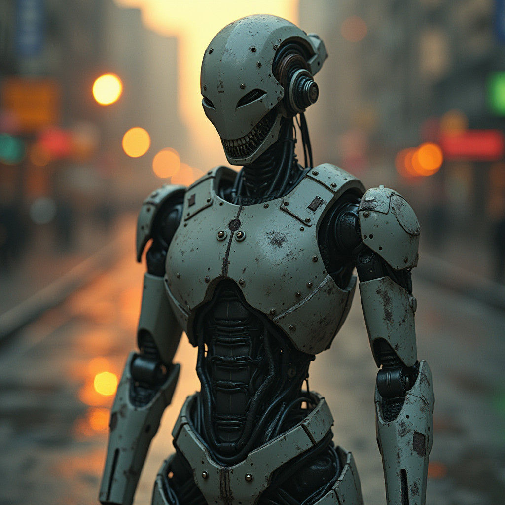 Dystopian Cyborg in Gritty Cityscape