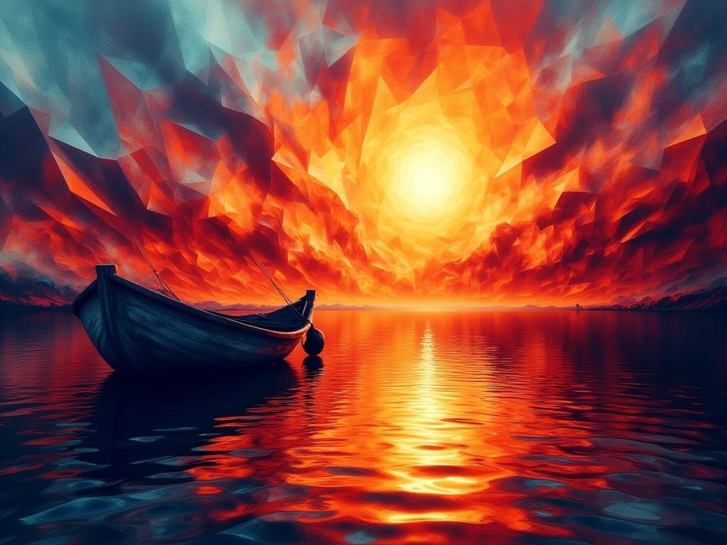 Cubist Sunset Serenity with Boat Silhouette