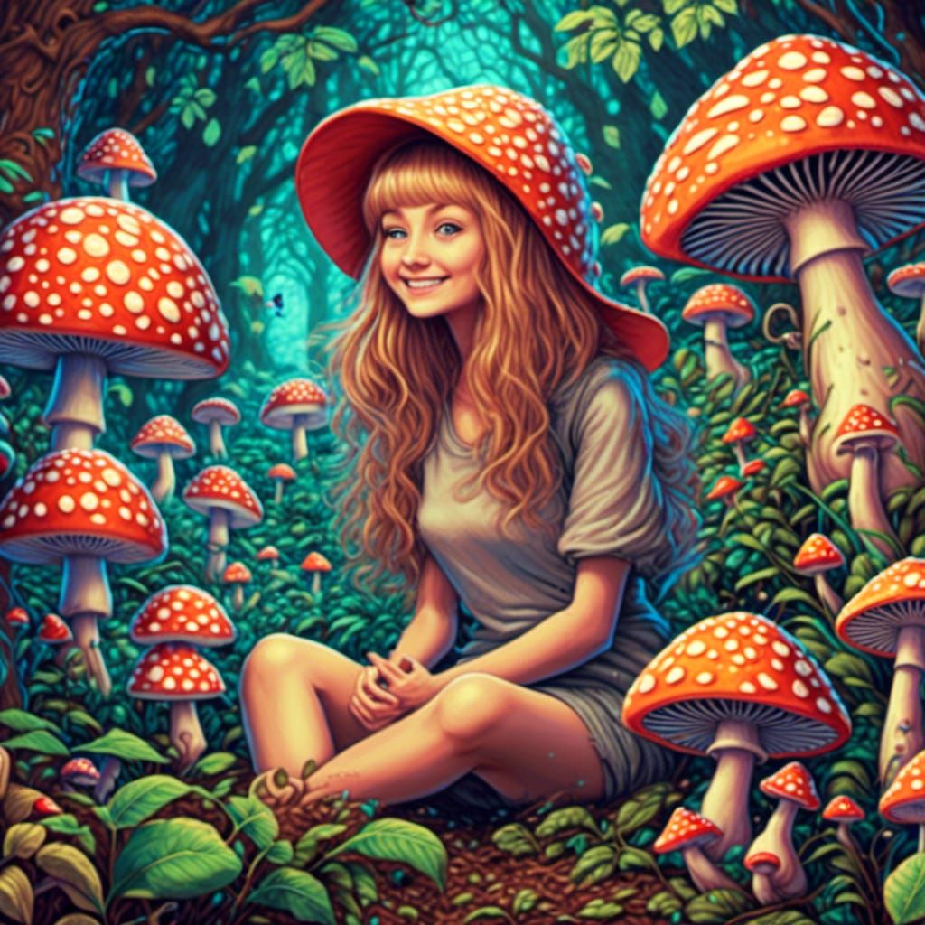 cartoon portrait of a woman with mushrooms growing everywhere <lora:FarOut:1.0>