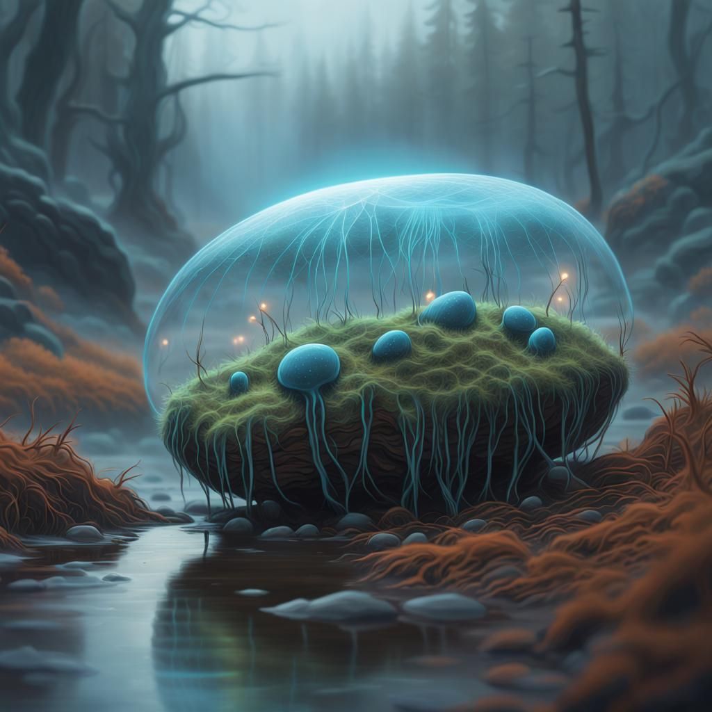 Bioluminescent Cocoon Birth on Misty Riverbed