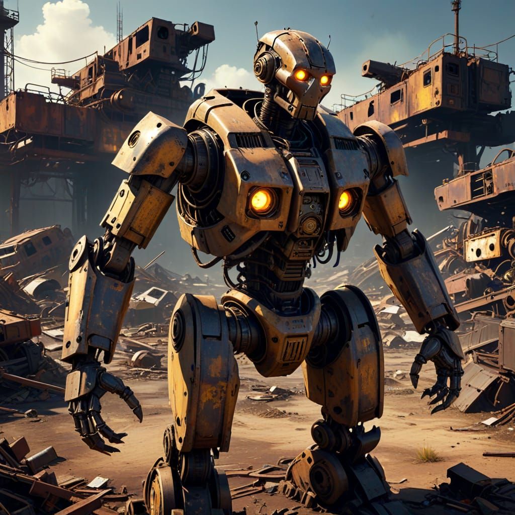 Robot in Junkyard: Grimy Post-Apocalyptic Concept Art