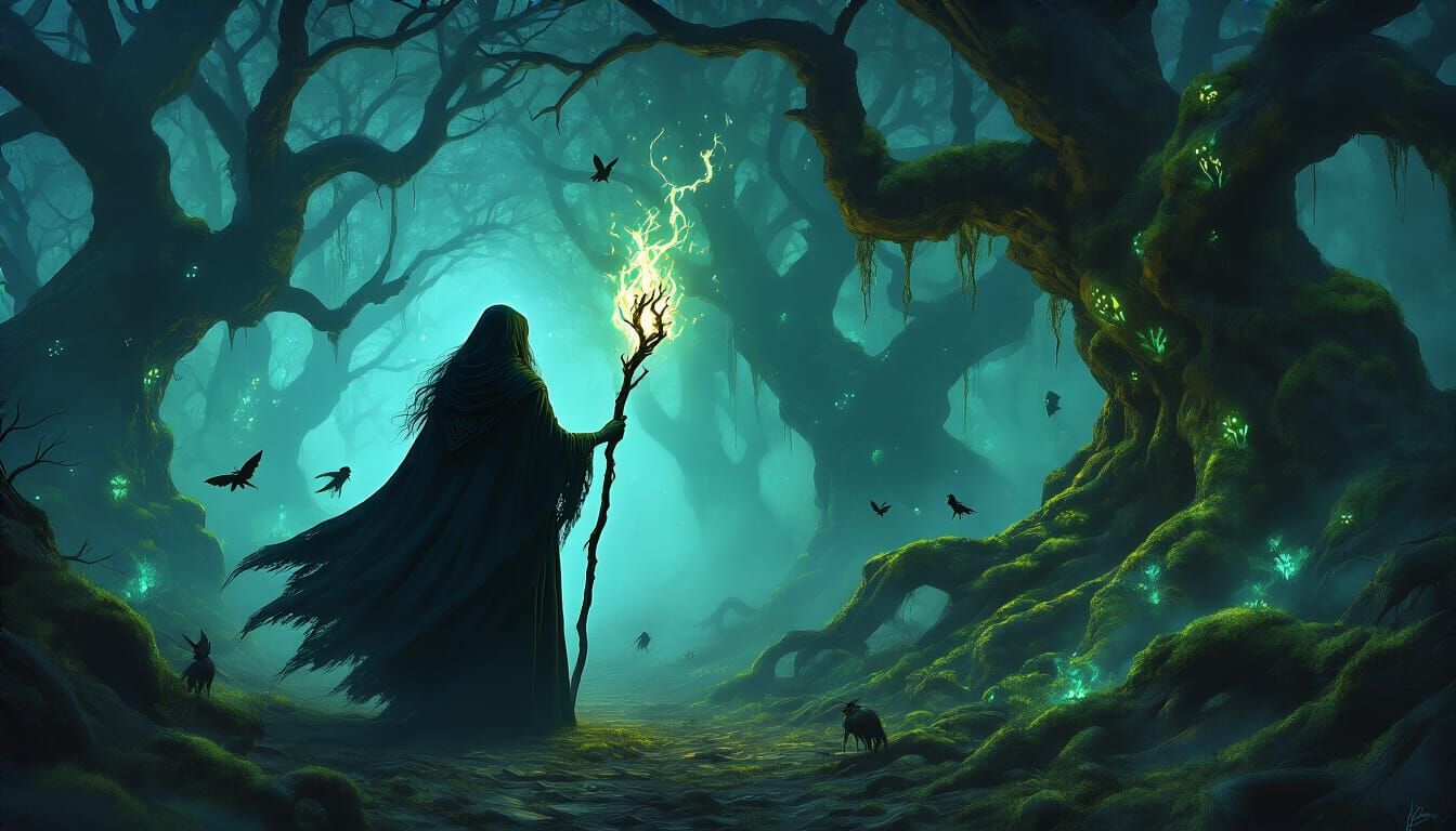 Witch in Bioluminescent Forest with Arcane Staff