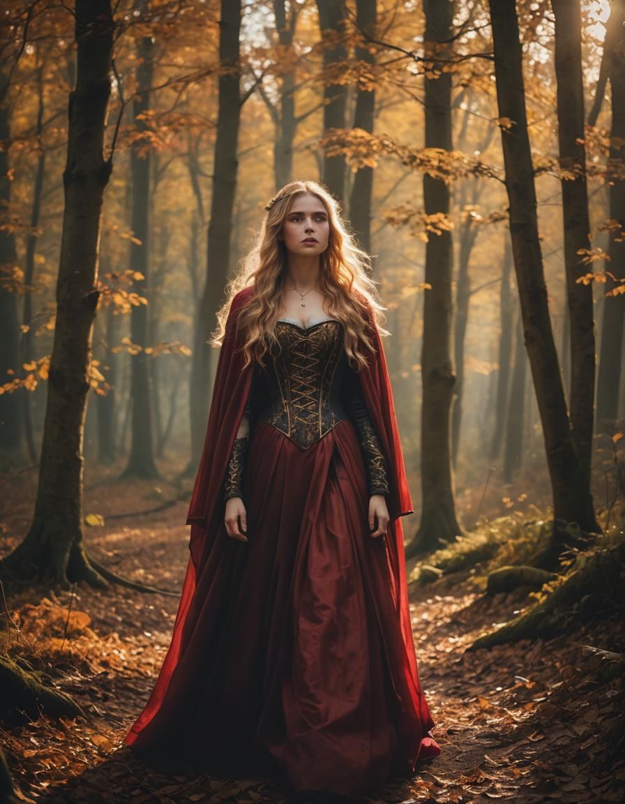 Autumn Princess in Forest, Pre-Raphaelite Style