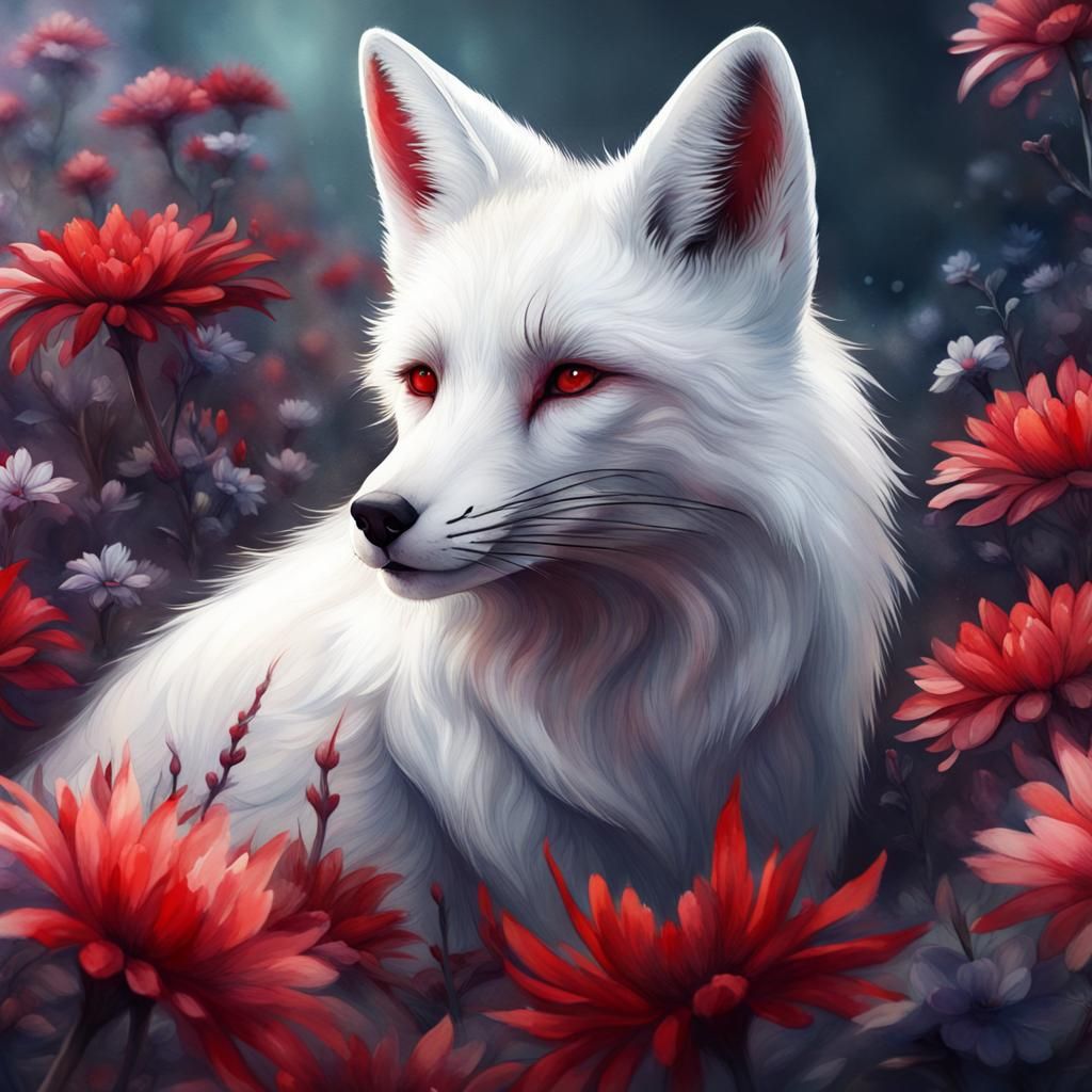 White Fox with Red Flowers Watercolor Painting