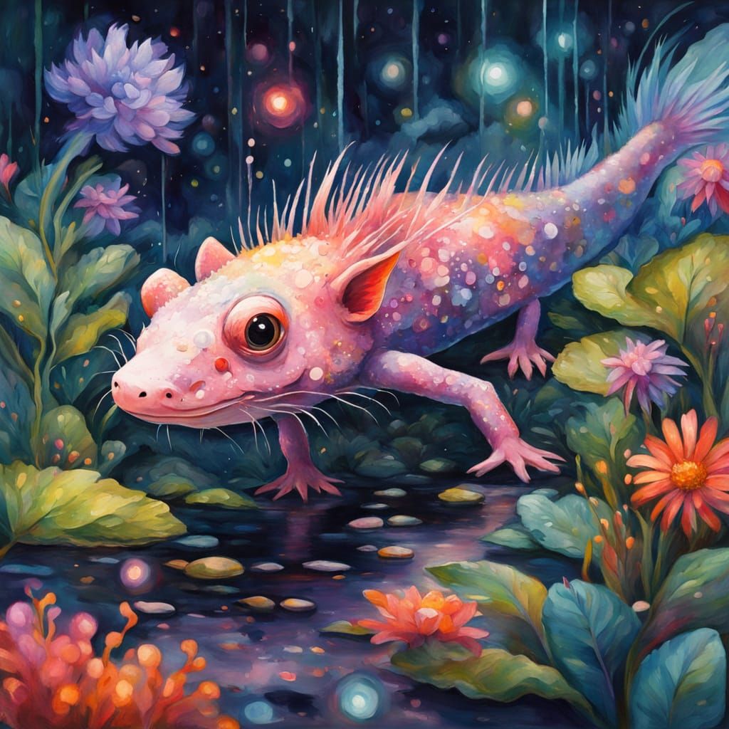 Axolotl in Vibrant, Fantastical Gouache Watercolor Environme...