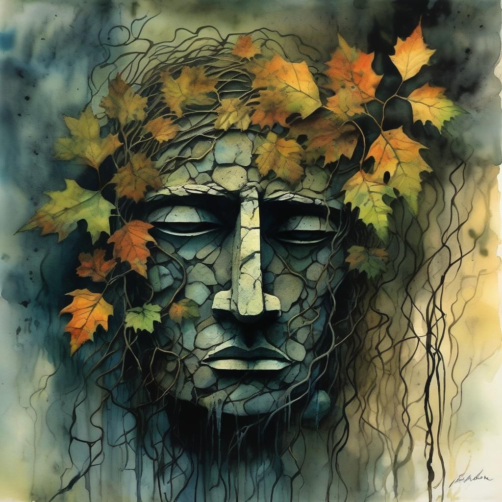abstraction of sadness, stone face, leafy vines for hair, gl...