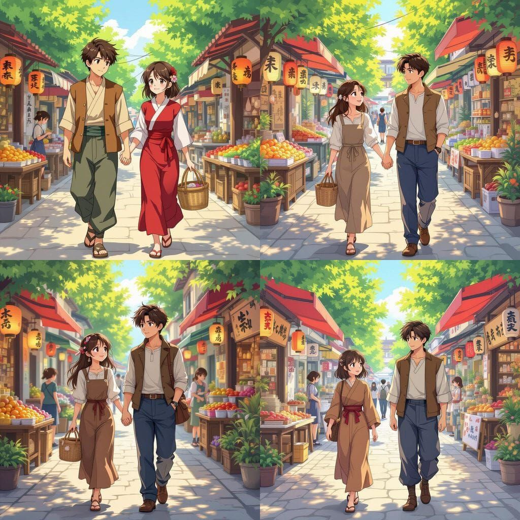 Shounen Anime Couple in Stylized Market Street