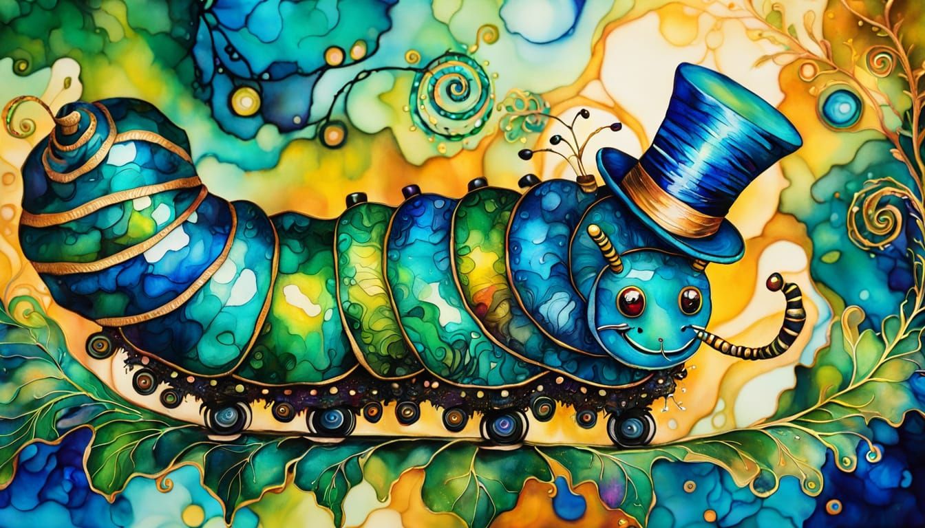 Dancing Caterpillar in Top Hat: Alcohol Ink Art