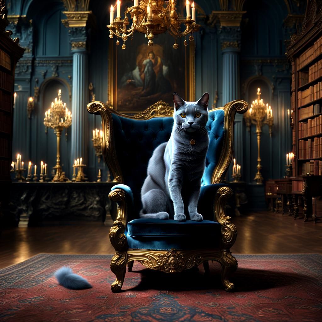 Russian Blue Cat on Baroque Throne