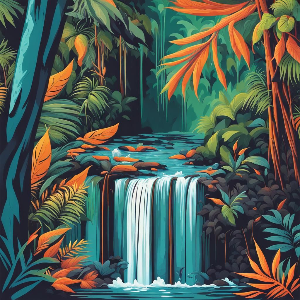 Tropical Waterfall in Abstract Art Style
