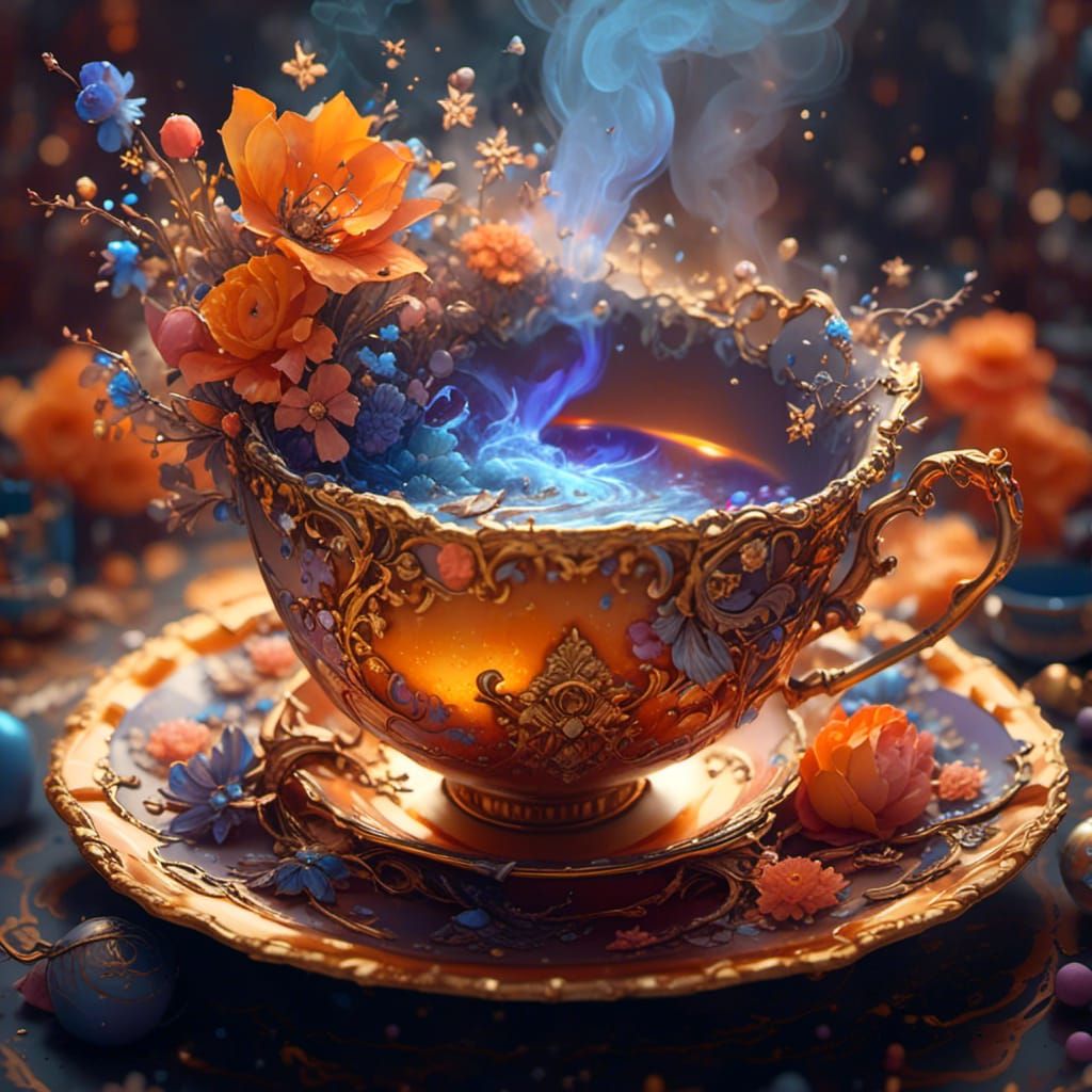 Ornate Orange Teacup with Smoke and Flowers
