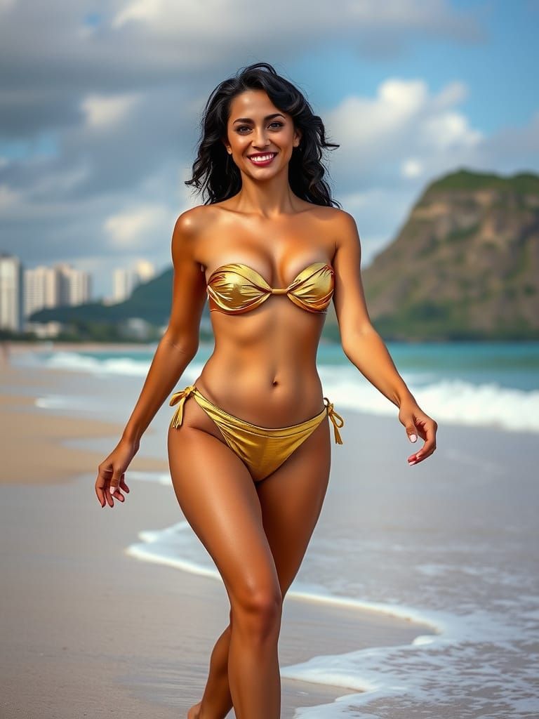 Brazilian Woman Maite on Rio Beach in Gold Bikini