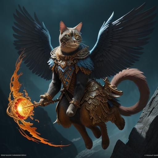 Winged Cat Soaring in Fiery Sky: 3D Cartoon Fantasy