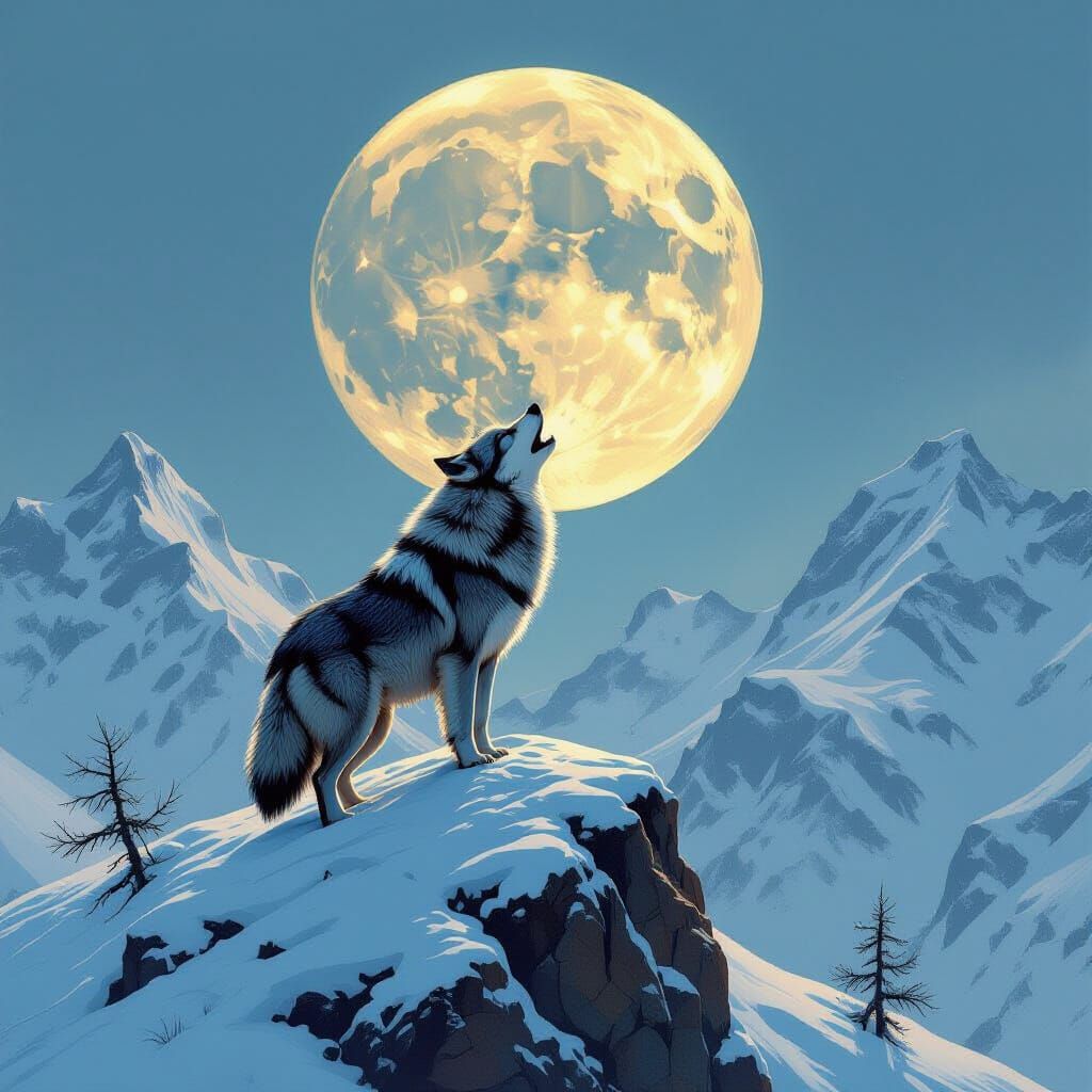 Wolf Howling at Moon in Atmospheric Sci-Fi Style