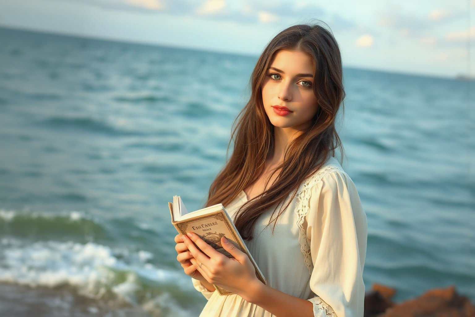 Girl with Book by Sea, Impressionistic Style