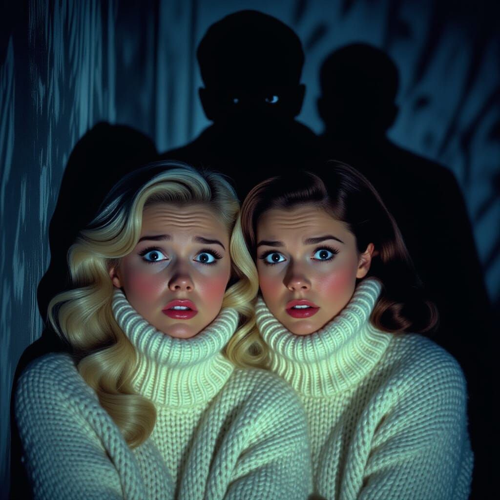 Women Huddle in Fear: Ominous Shadow, Horror Film Style