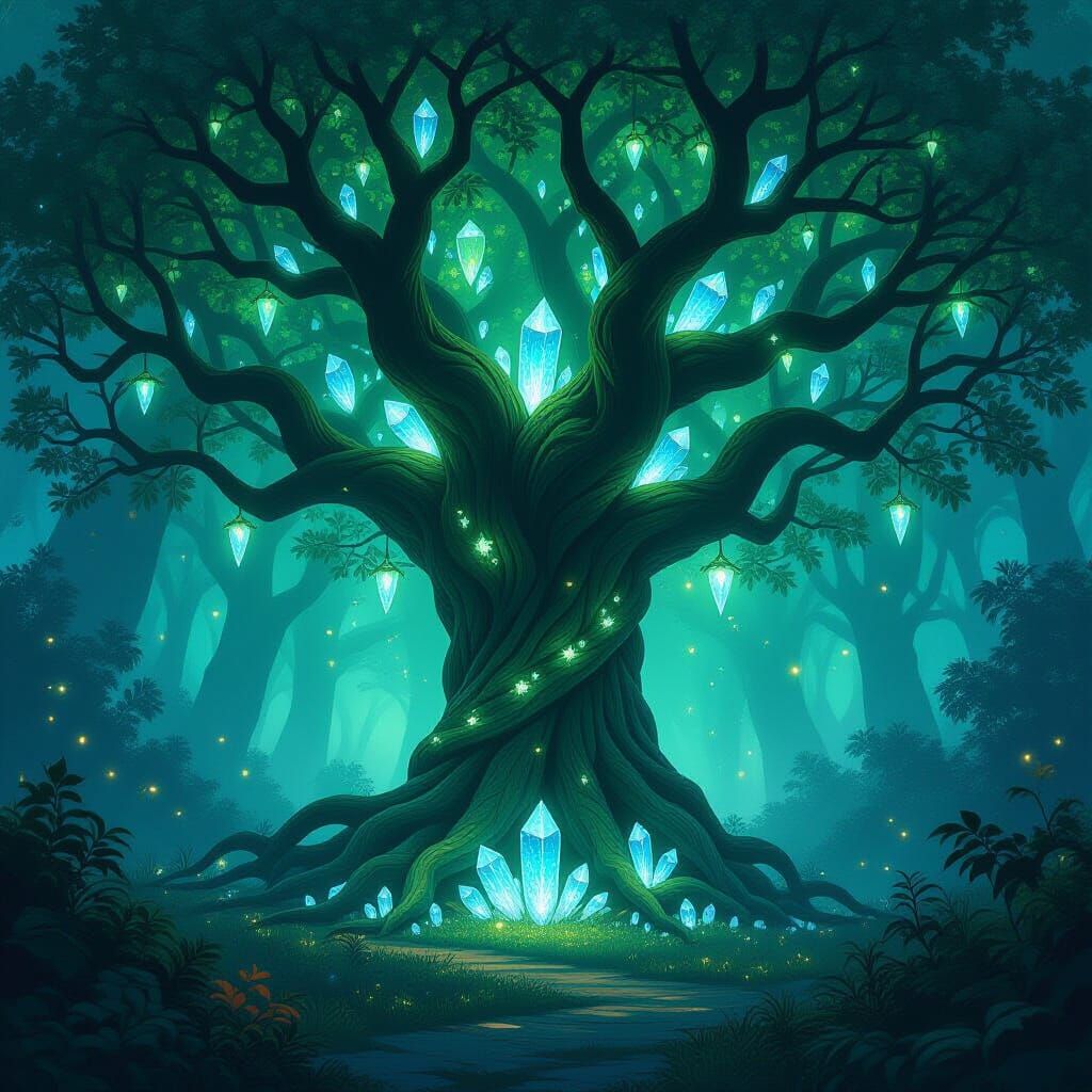 Ancient Bioluminescent Tree With Crystal Roots in Mystical F...