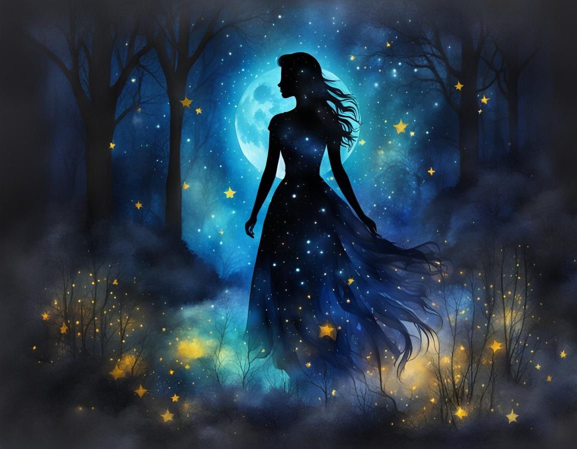 Smokey Silhouette in Mystical Moonlight Watercolor