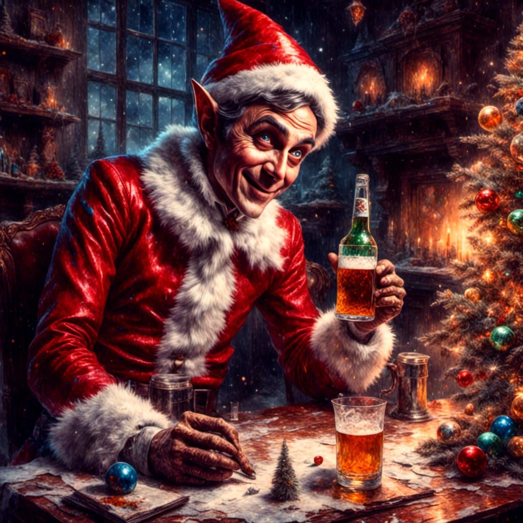 Naughty Christmas Elf Drinks Beer in Pointillist Style