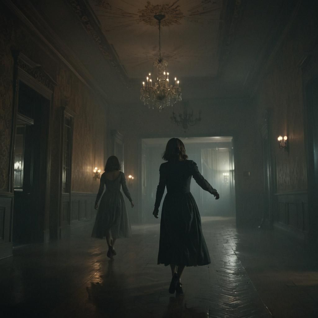 Woman Fleeing Apparition in Mysterious Mansion