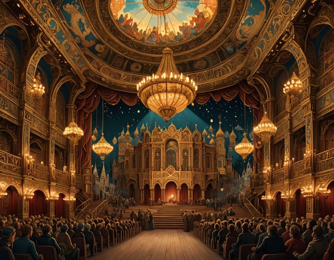 Ornate Theater Stage Illustration in Russian Folklore Style