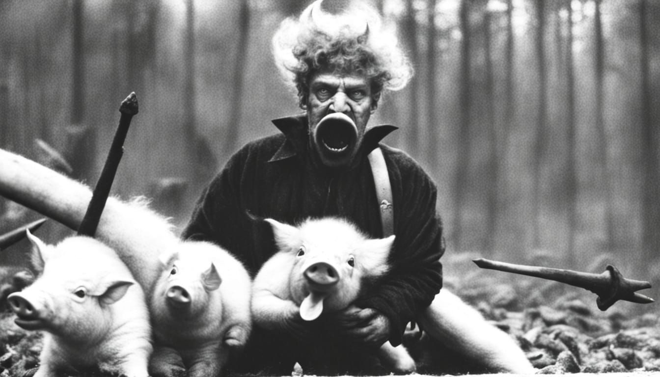 Satan Surrounded by Pigs in Dark Fantasy Art