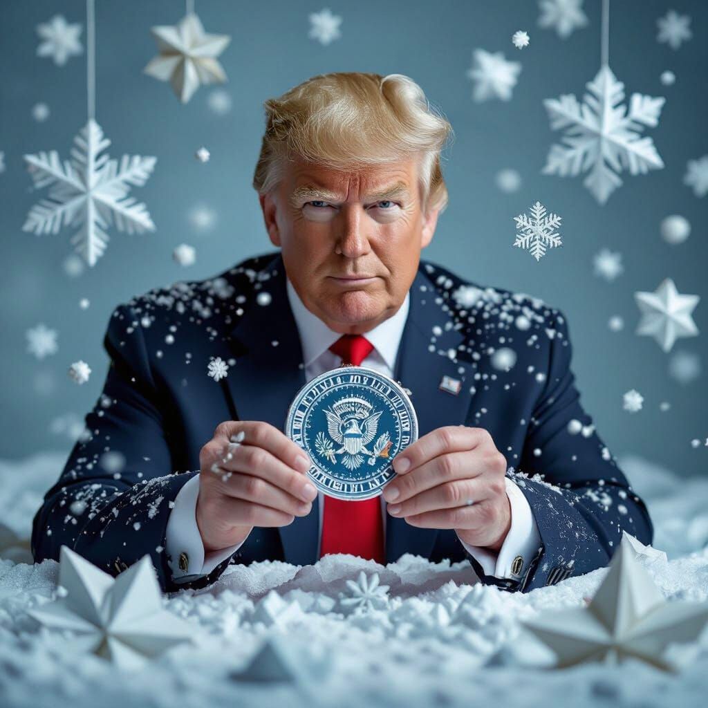 Trump Coin Surrounded by Snowflakes in Digital Art Style