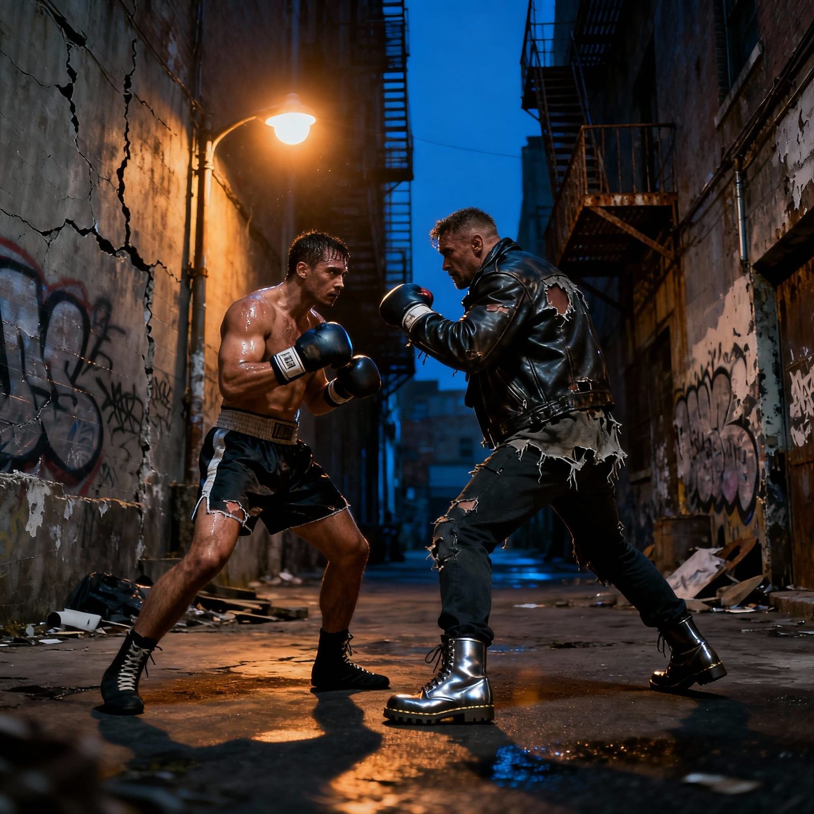 Boxer vs Street Fighter in Gritty Alleyway at Night