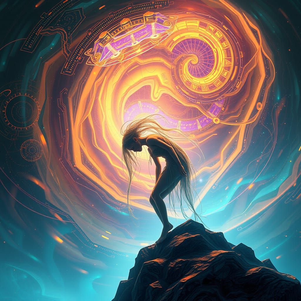 Ethereal Being Lost in Hypnotic Vortex of Iridescent Colors