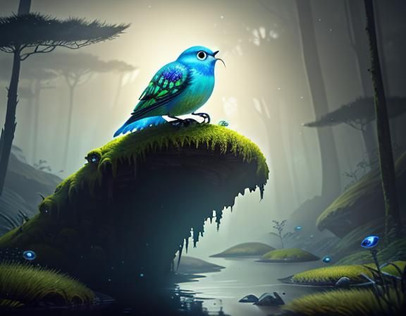 Female Amphibioid on Mossy Rock in 3D