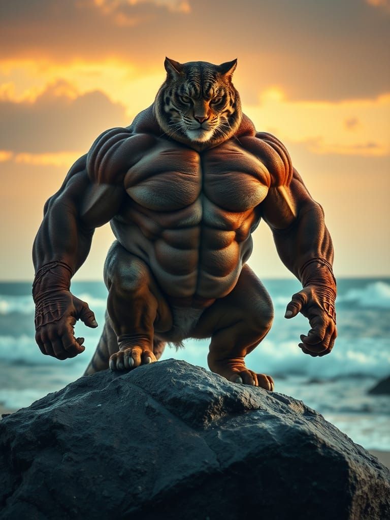 Epic Feline Bodybuilder Dominates the Beach