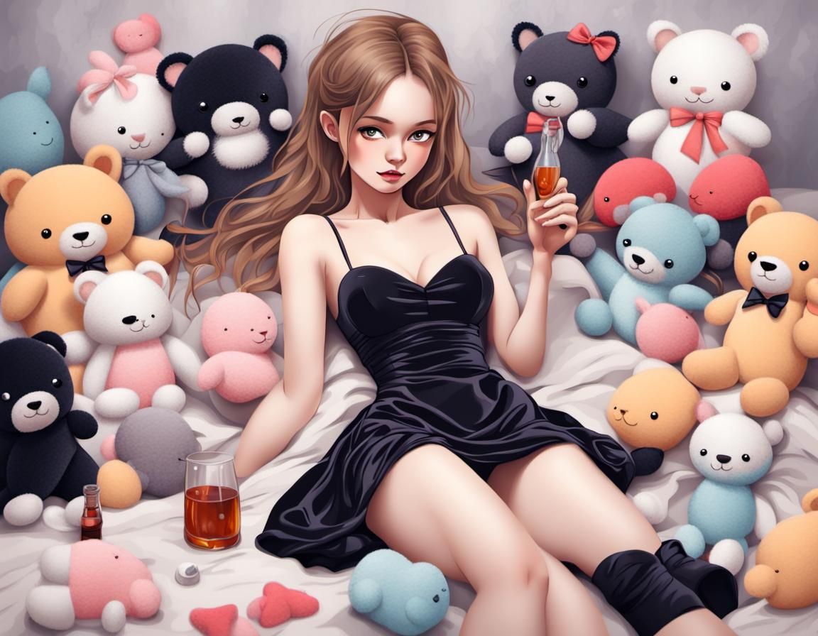 Elegant Woman Surrounded by Plushies in Alcohol Ink Style