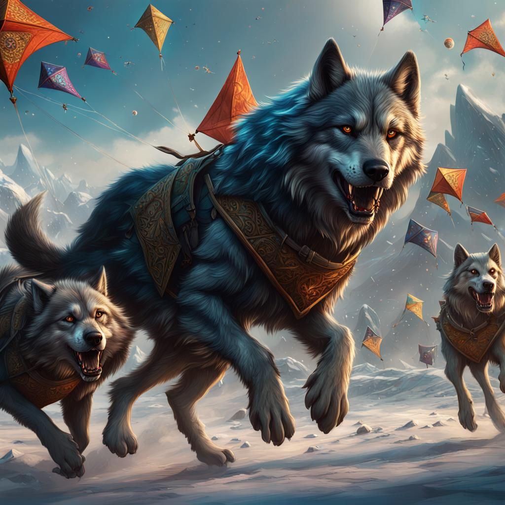 Dire Wolf Pack Playing with Kites: Fantasy Concept Art