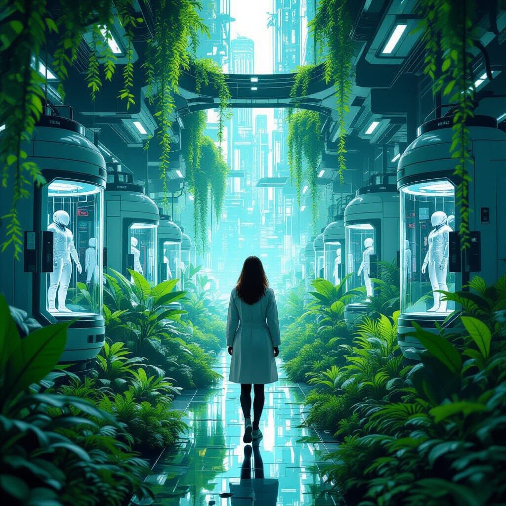 Lush Futuristic Cityscape with Cryogenic Chambers