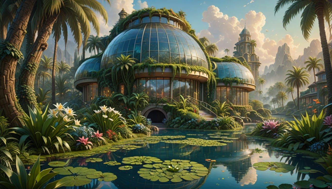 Ethereal Utopian Cityscape in Whimsical Oil Painting Style