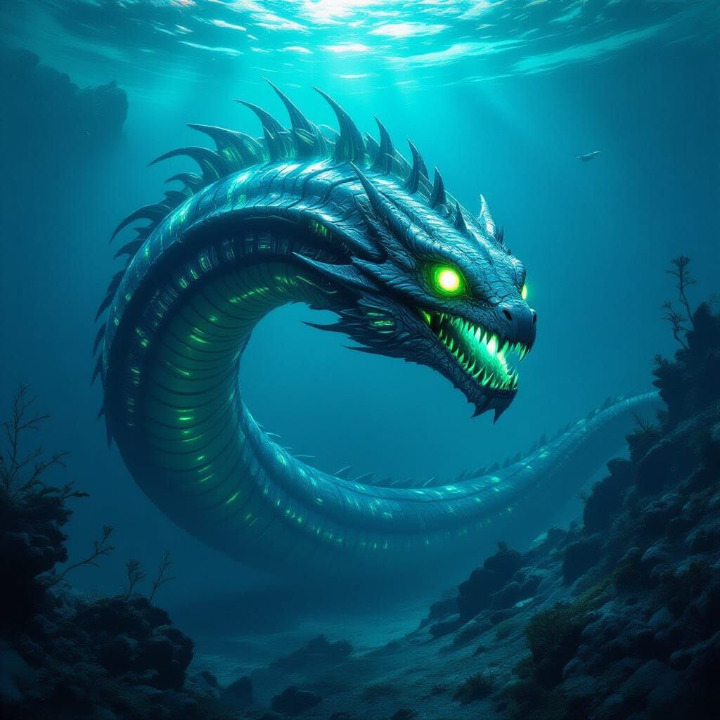 Bioluminescent Serpent in Alien Ocean: A Giger-esque Vision