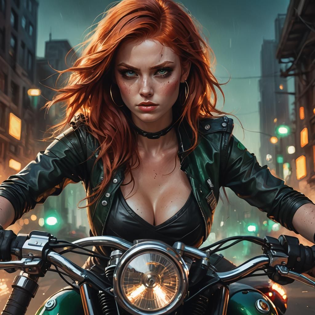 Redhead on Harley: Futuristic Digital Concept Art