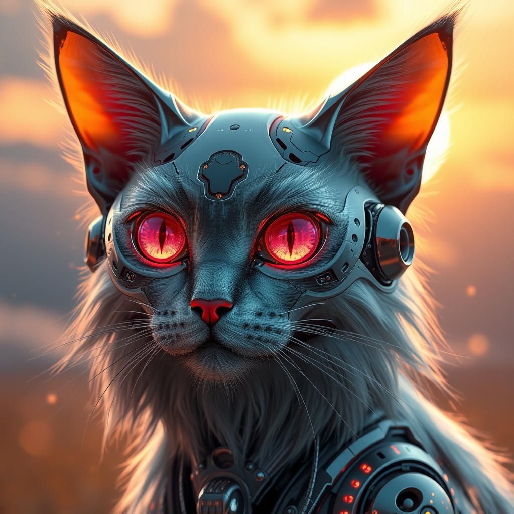 Cyborg Cat with Glowing Lights in Sunrise
