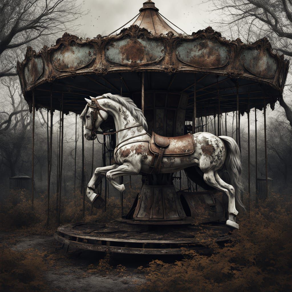 Rusted Carousel Horse in Decaying Park