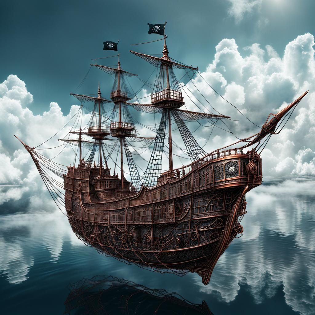 Copper Wire Pirate Ship Sailing Through Silver Clouds
