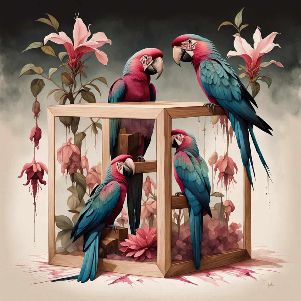 Macaws and Fuchsias in Double Exposure Watercolor