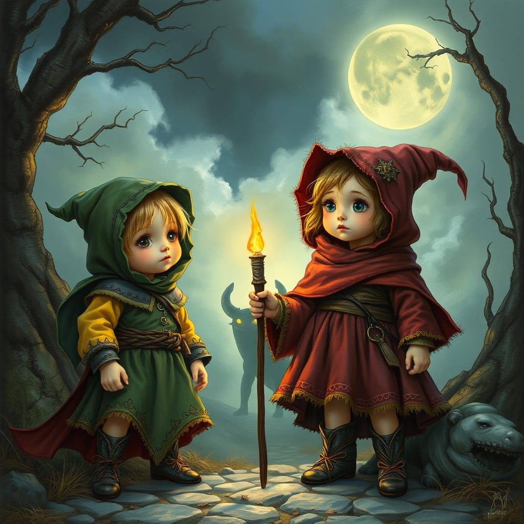 Fantasy Scene with Colorful Children and Fierce Goblin in Go...