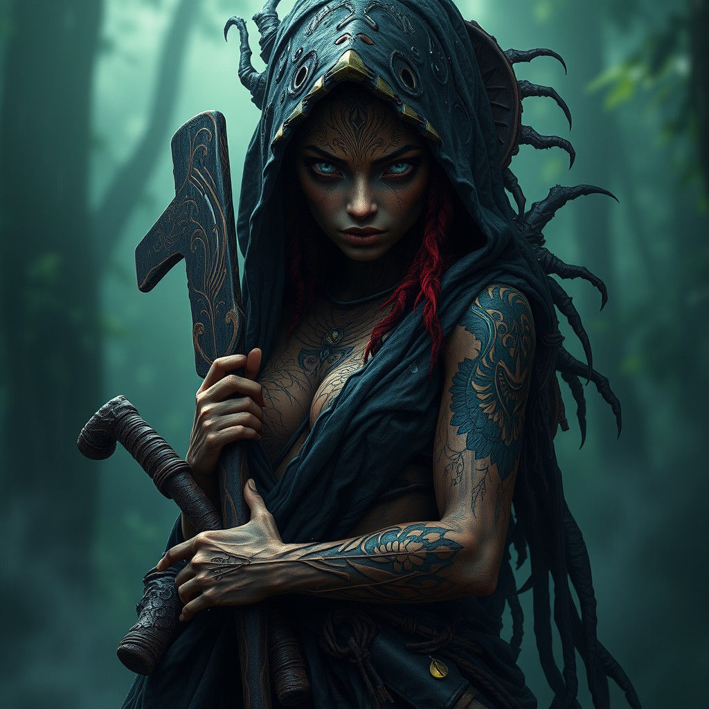 Wooden-Skinned Spirit with Machete in Dark Fantasy Style