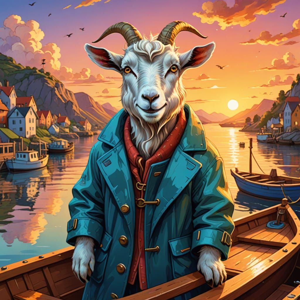 Goat on a Boat: Whimsical Cartoon Illustration