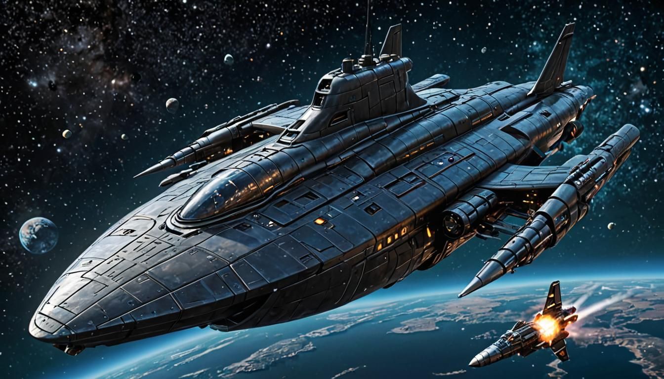 Futuristic Submarine Spaceship Glides Through Cosmos
