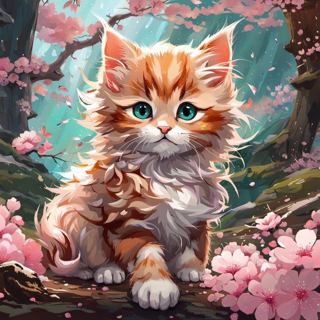 Chibi Kitten in Sakura Forest Digital Art