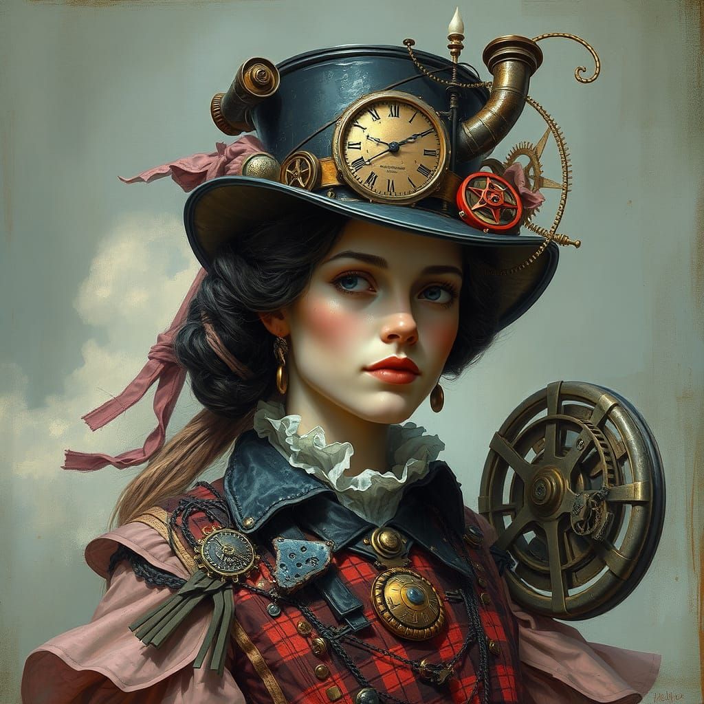 Steampunk Lady in Elegant, Intricate Mechanized Attire