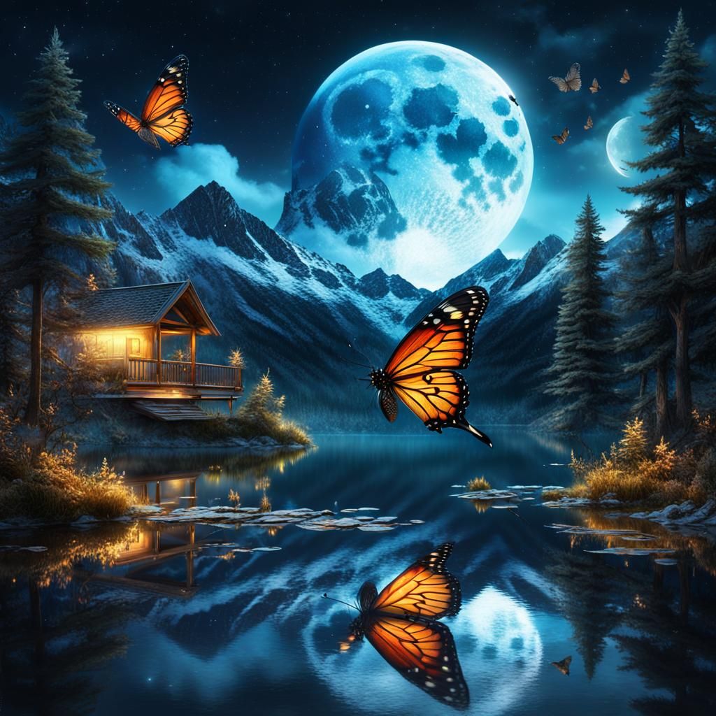 Butterfly, Wolf, and Moonlit Lake: Digital Painting