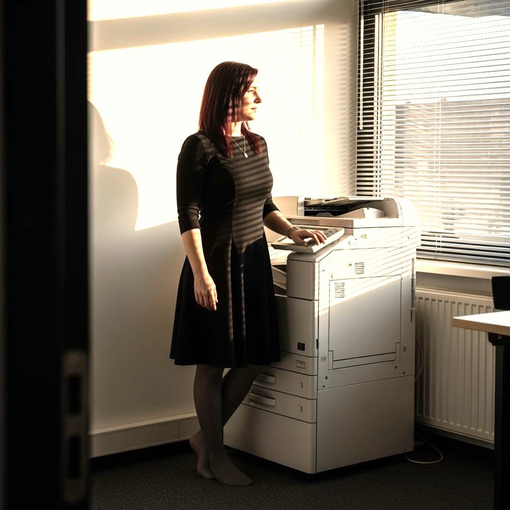 Woman in Modern Office by Copier, Candid Shot