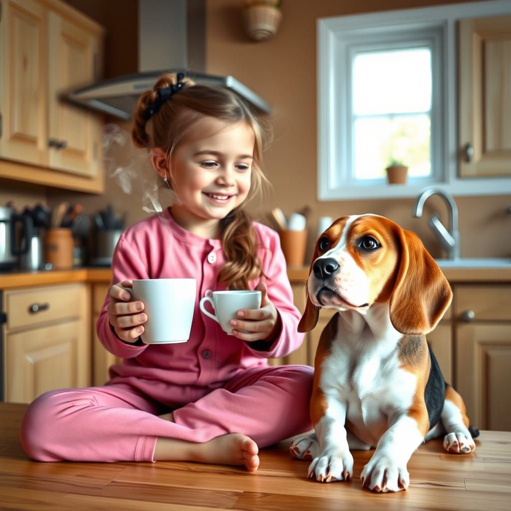 Little Girl in Pink Pajamas Whips Up Coffee Amidst Wooden Cu...
